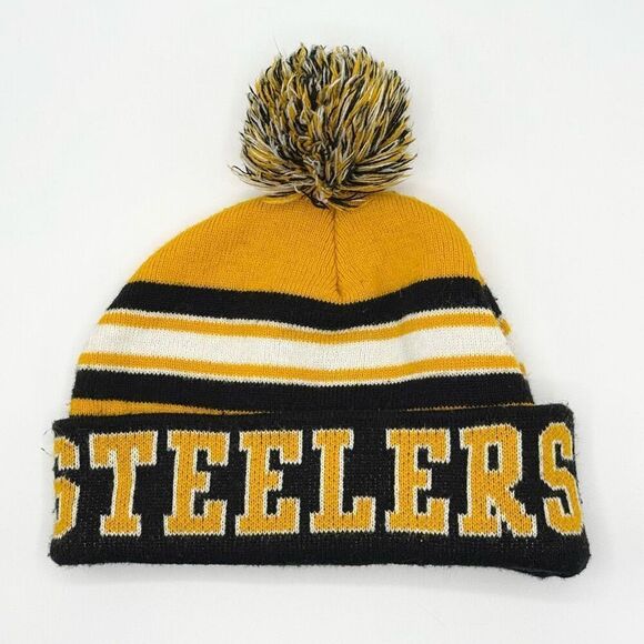 NFL Team Apparel Youth Pittsburgh Steelers Beanie Hat Winter Cap with Pom Poms - Picture 1 of 8
